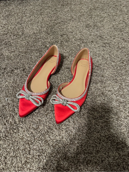 a new day Shoes - a new day Red Satin Pointed-Toe D'Orsay Flats with Rhinestone Bow